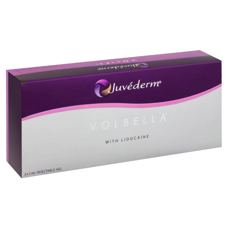 Juvederm Volbella packaging with purple and white design on a white background