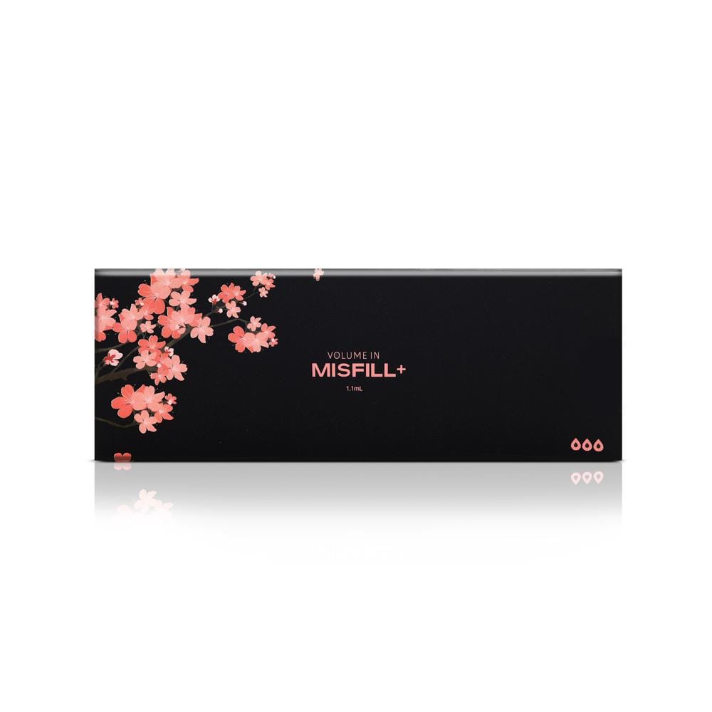 Black box with pink floral design and 'MISFILL+ Volume' branding on a white background