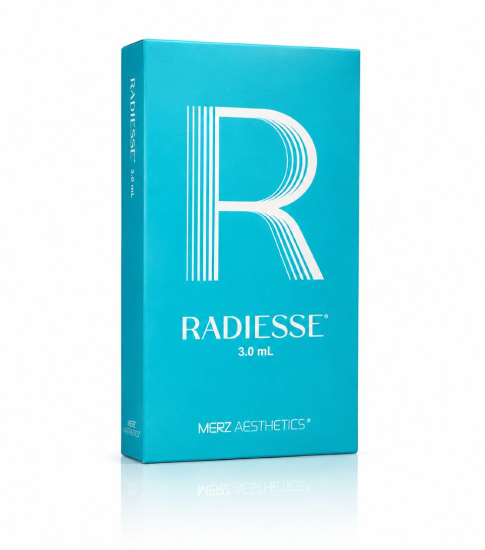 Blue box of Radiesse 3ml with 'R' logo on a white background