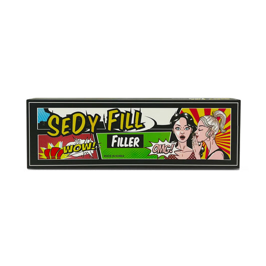 Box of 'Sedy Fill Body Filler 10ml' filler with colorful design and text on a white background