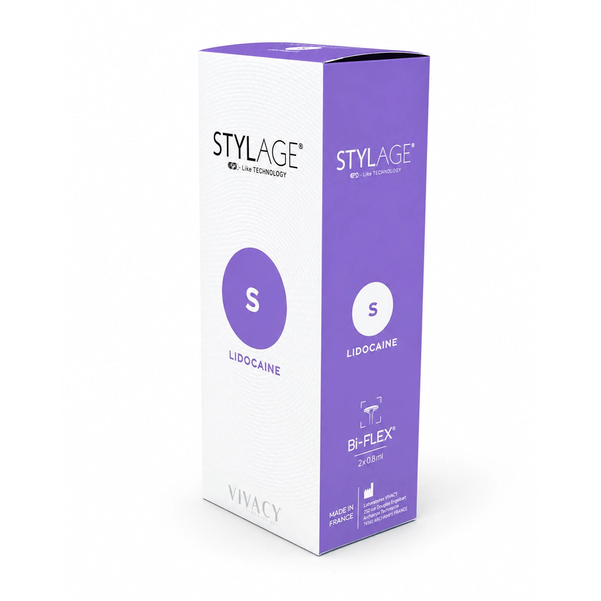 Stylage S Bi-Flex Lido packaging with purple and white design on a white background