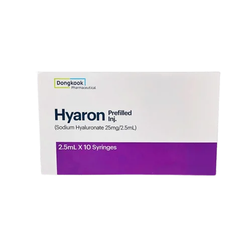 Box of Hyaron prefilled syringes with Dongkook Pharmaceutical branding on a white background