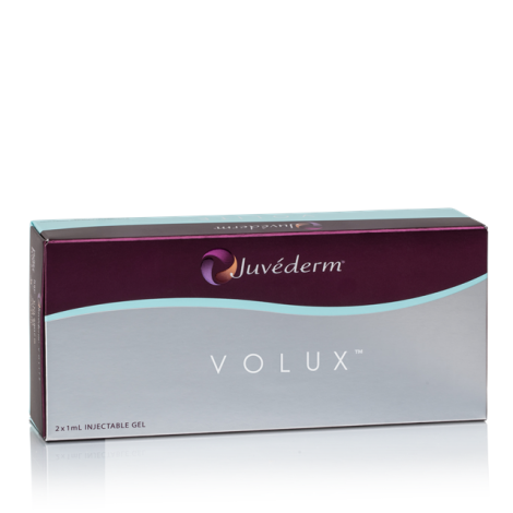 Juvéderm Volux injectable gel product box, featuring a dark purple top section with the Juvéderm logo and a silver-gray lower section with the VOLUX text, on a white background.