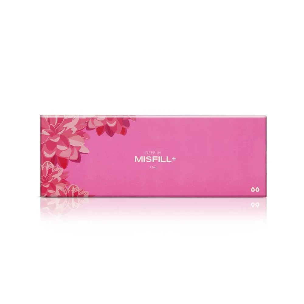 Pink packaging with floral design and 'MISFILL DEEP' branding on a white background
