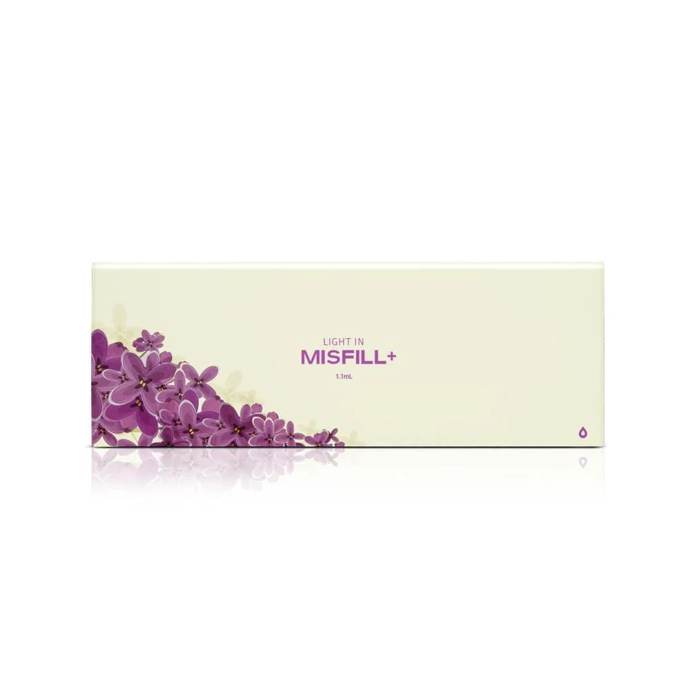 MISFILL LIGHT LIDOCAINE packaging with purple flowers on a beige background