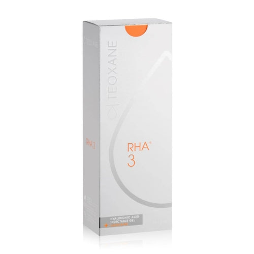 White box with orange accents containing Teosyal RHA 3 Lidocaine product on a white background